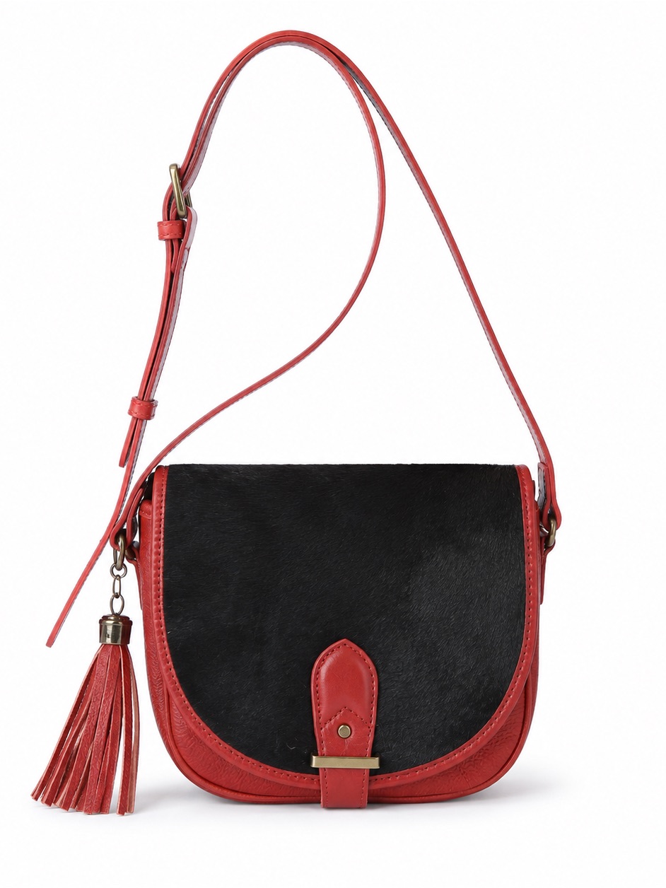 Joes Jeans Red Black Genuine Leather Crossbody Bag Purse Tassel